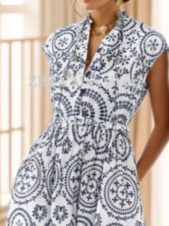 ZARA MIDI CONTRAST EMBROIDERY DRESS 4786/068 Navy Blue White XS