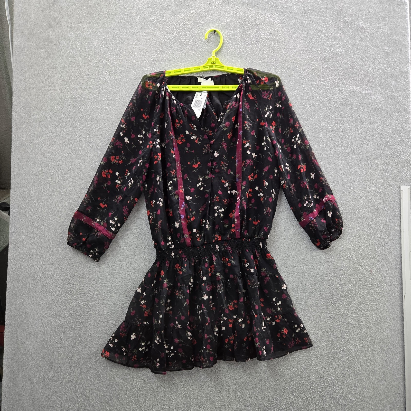 Joie Women Dress L Black Floral Fit & Flare Chiffon Blouson Mini Romantic NWT