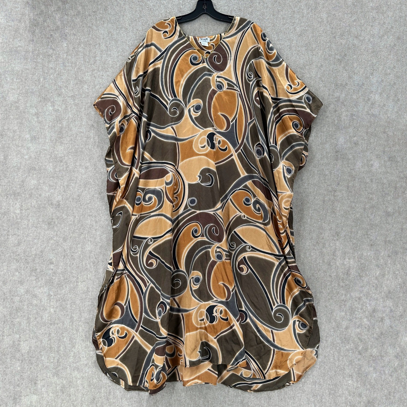 Sante Classics Satin Kaftan Dress One Size Brown Tan Swirl Print Lagenlook