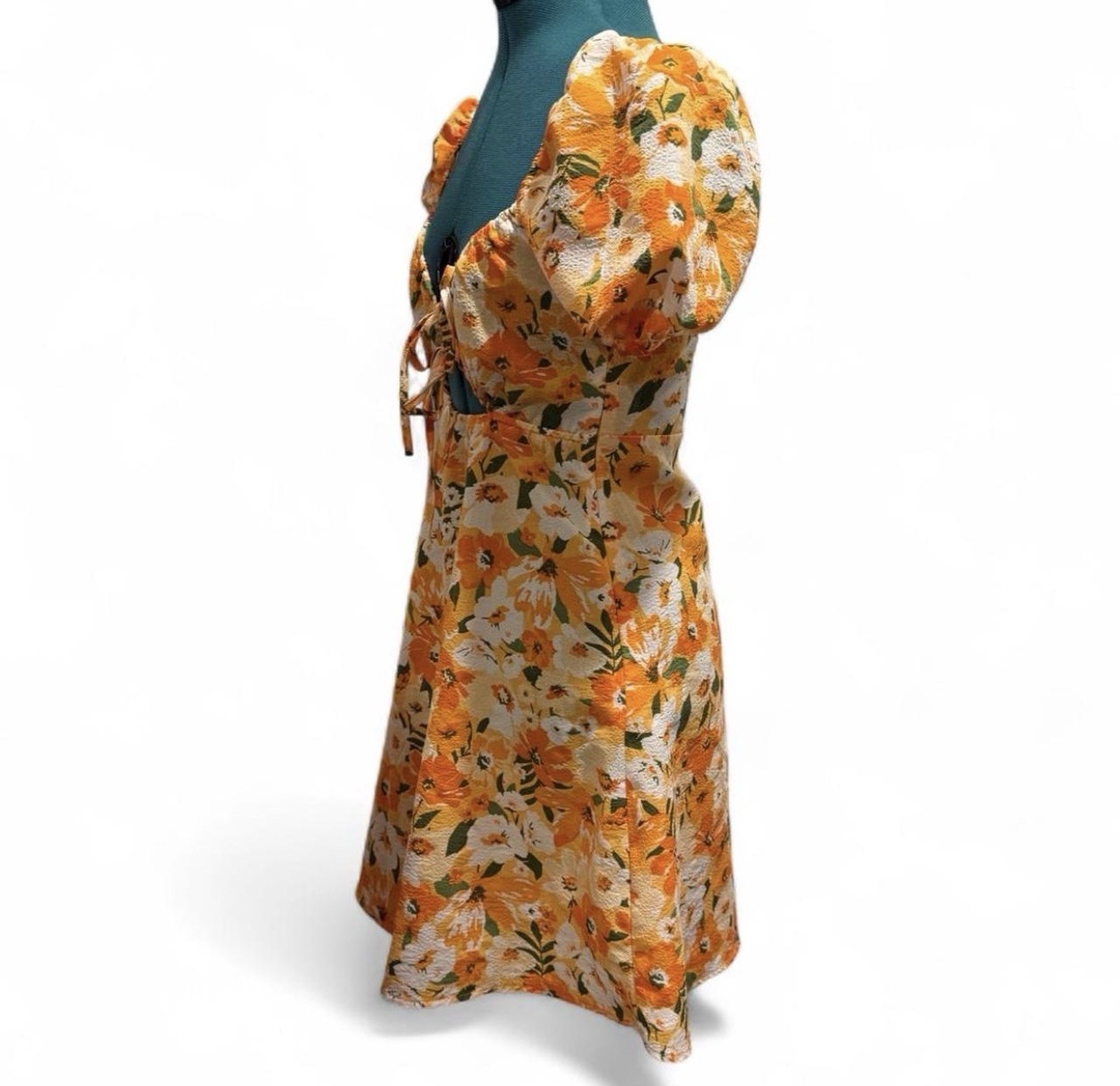 Divided Women’s Orange White Green Floral Square Neck Puff Sleeve Mini Dress S