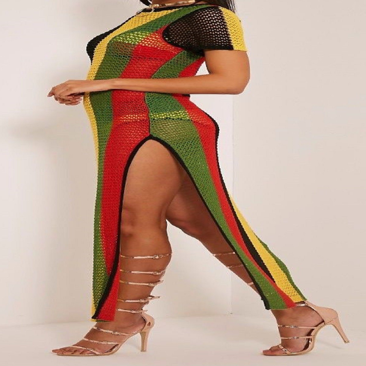 Jamaican Maxi dress, Multicoloured, Side split Fashion, work, Mesh maxi dress