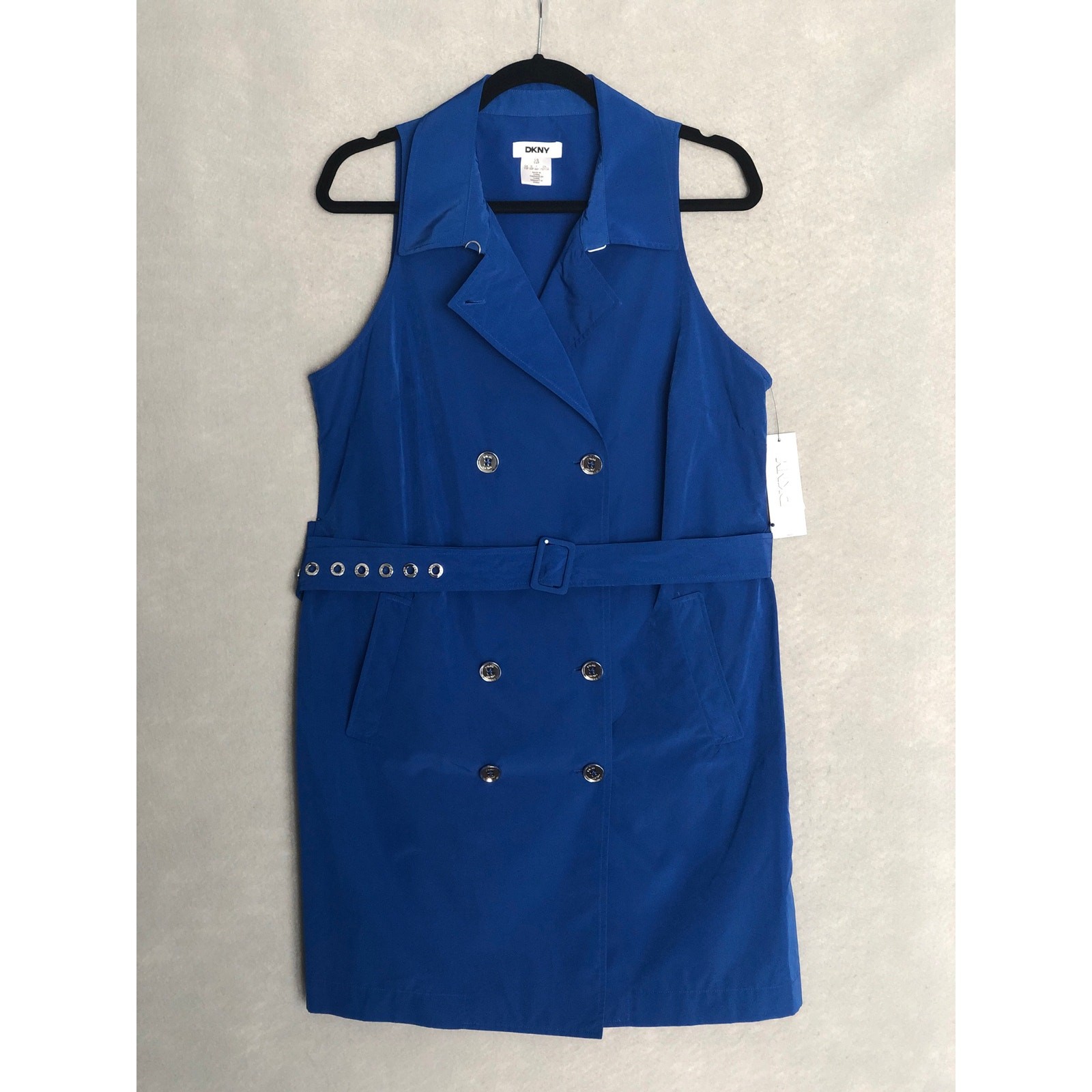 DKNY Tech Tafetta Sheath Dress Belted Sleeveless Mini Blue Women’s 14P NEW