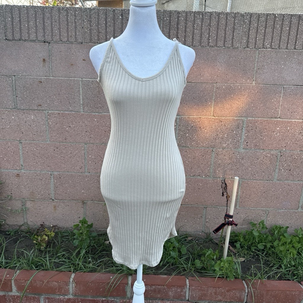 Beige Ribbed Bodycon Midi Dress | Open Back Tie Strap Minimalist Dress