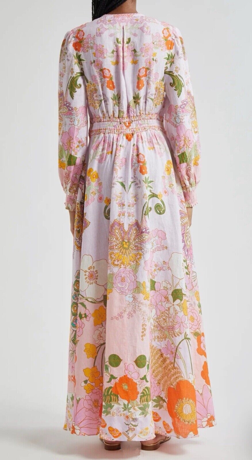 CAMILLA “Clever Clogs” Linen V-Neck Empire Waist Floral Smocked Maxi Dress, M