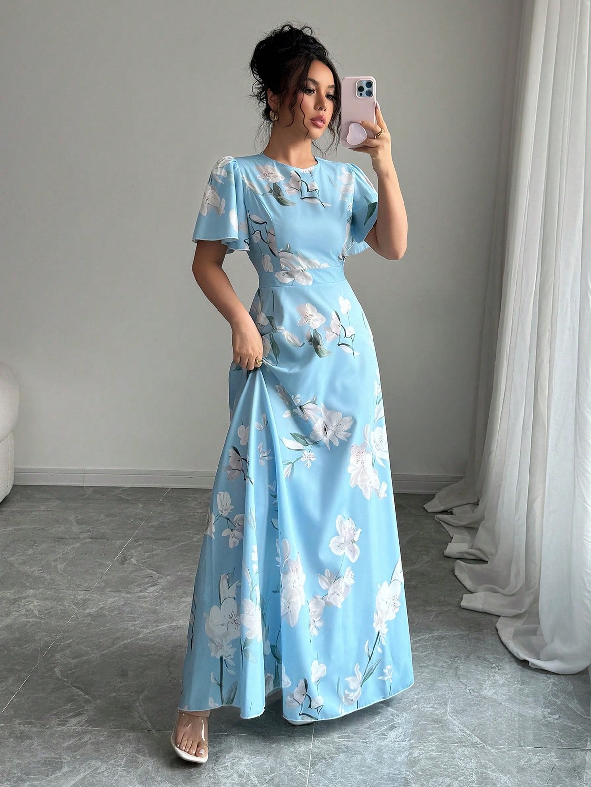 Ladies Elegant Ruffle Sleeve Round Neck Dress