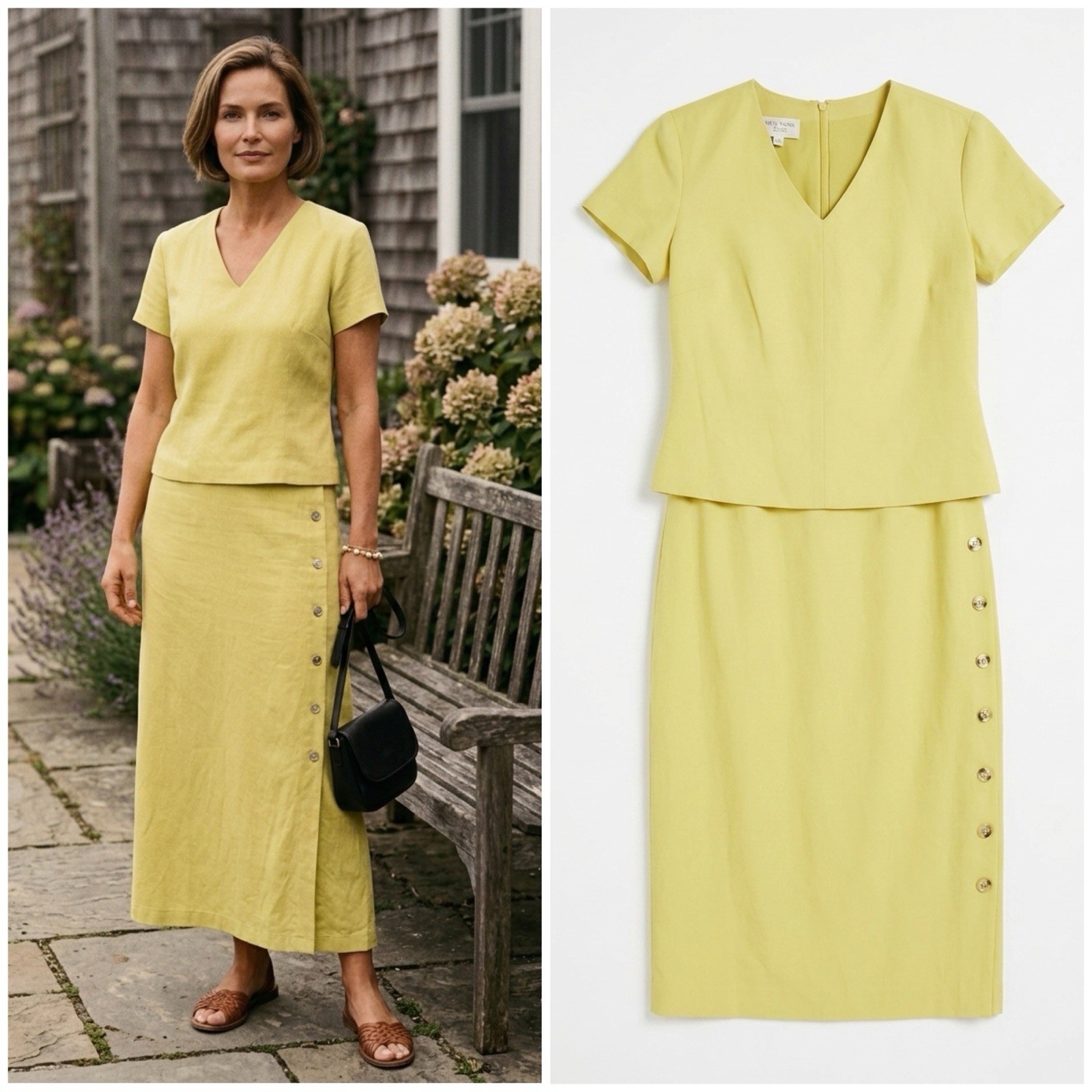 VTG 90s Jones New York Classic Minimalist Dress Linen Maxi Butter Yellow Sz 10