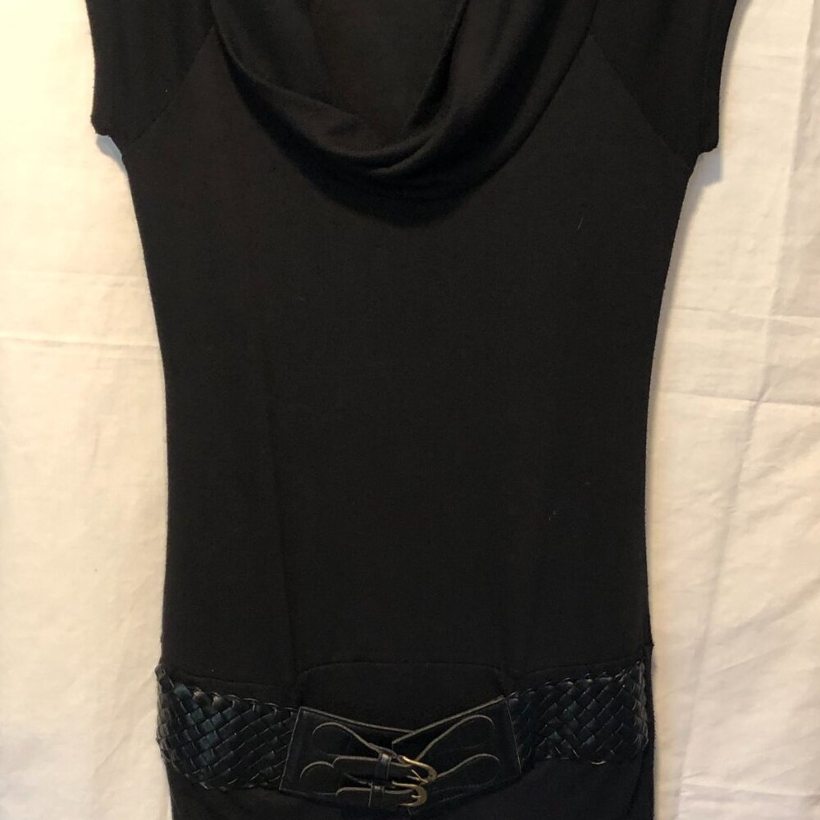 Bella D Black Sweater Dress with Attached Black Belt at Hips Stretch Sz L