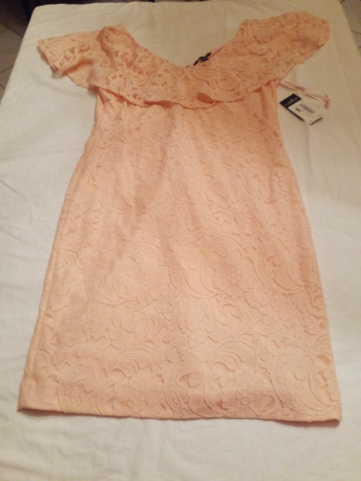 WOMENS LAUREN RALPH LAUREN RUFFELED COLLAR LACE DRESS SIZE 14 CORAL PINK