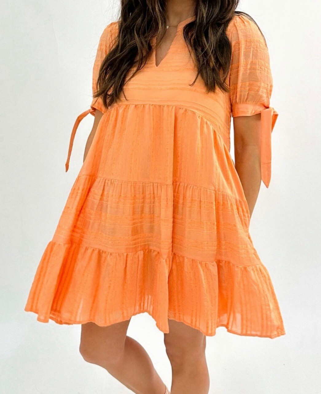 &Merci Dress Womens Size S Orange Tiered Babydoll Tie Sleeve Boho Flirty Lined