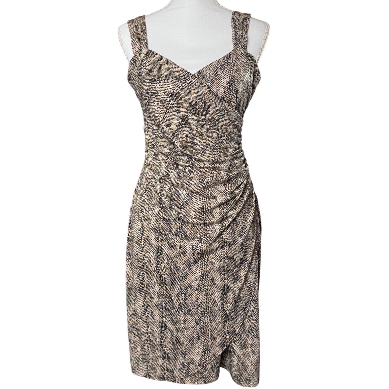 MSK Snake Print Ruched Bodycon Dress Adjustable Straps Stretch Midi