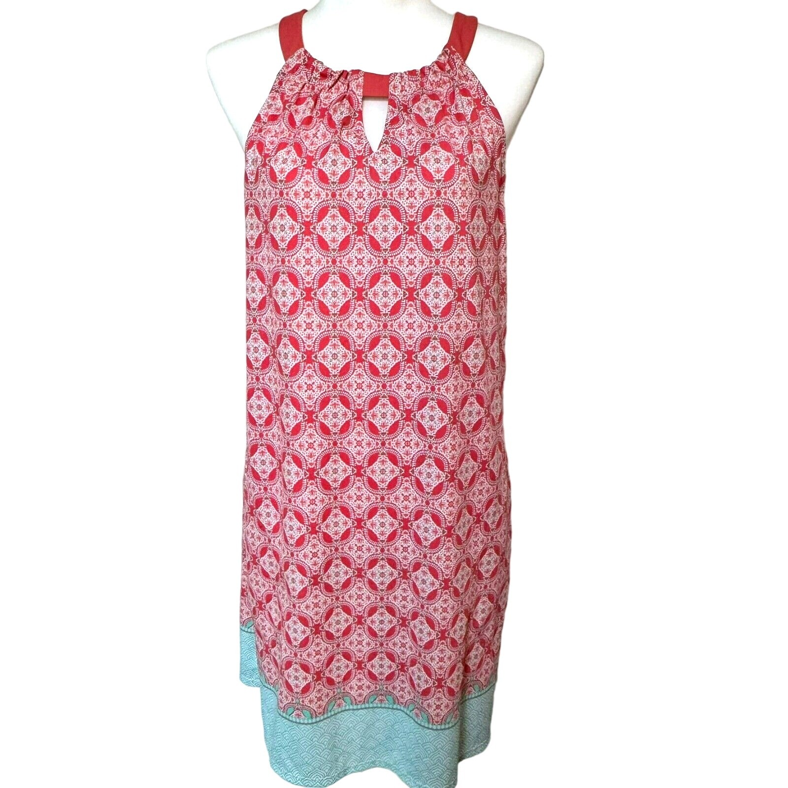 CABANA LIFE Large Coral Turquoise Stretch Beach Halter Shift Tank Dress Pockets