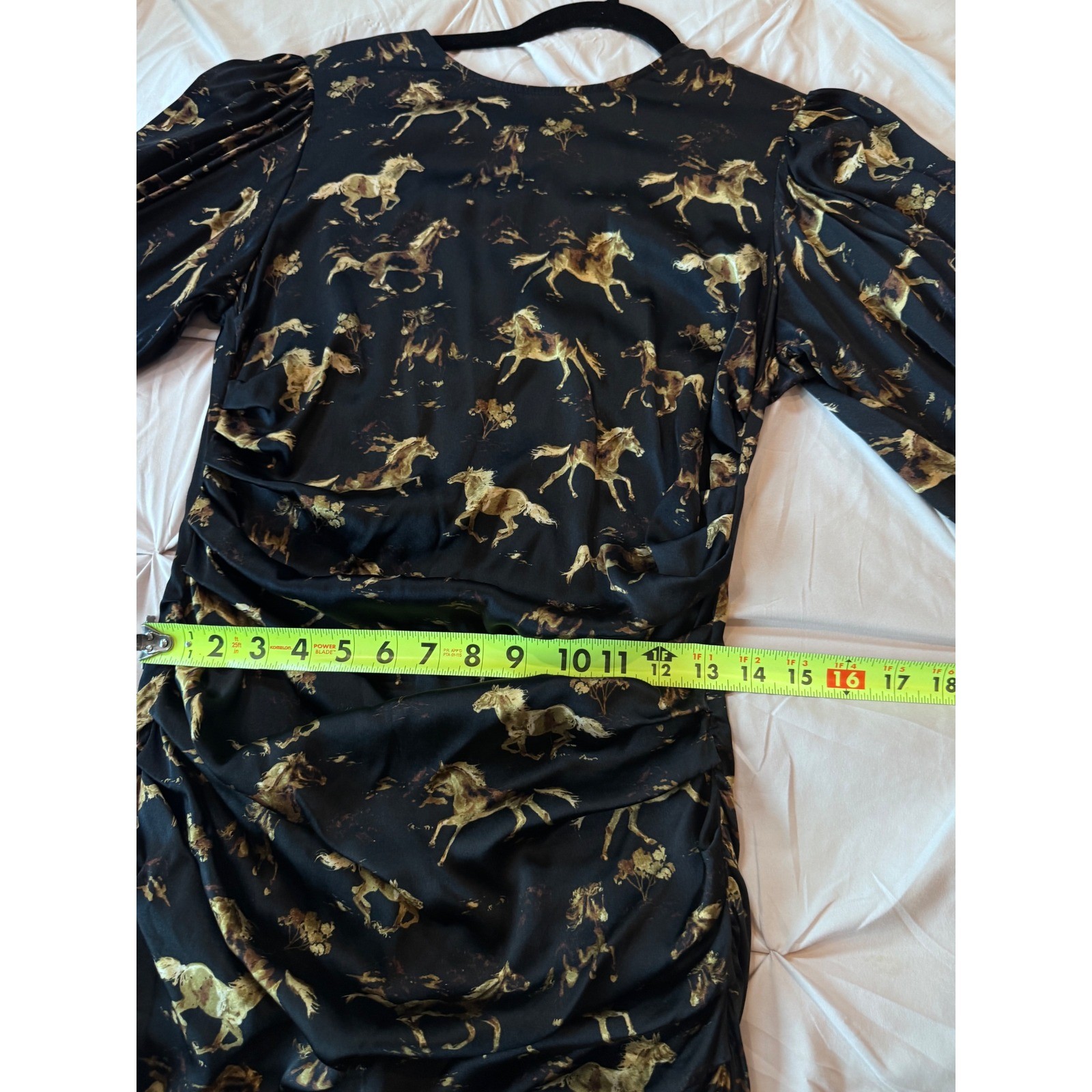 Ganni Horse Print Silk Stretch Ruched Mini Dress Black Gold Size 36 US 4 6131