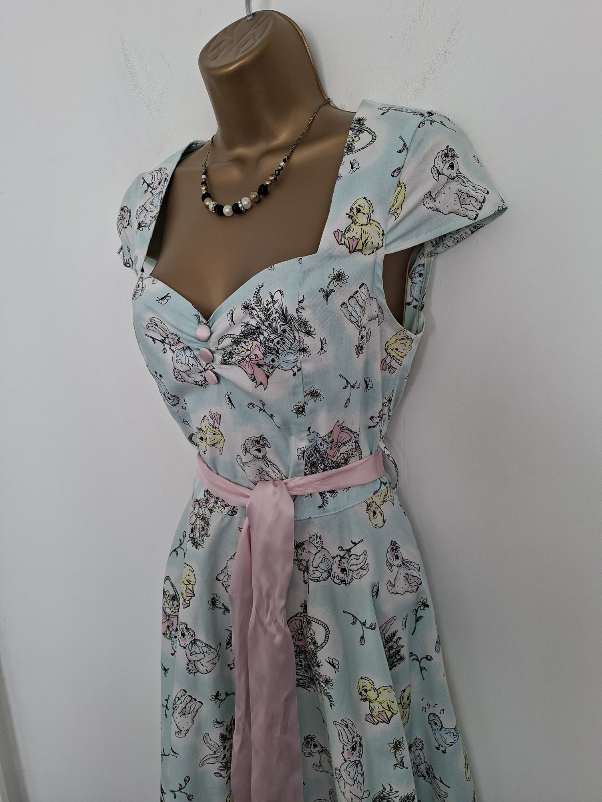 Hell Bunny Light Blue Ducks, Rabbits Lambs Floral Summer Dress Size Small UK 10