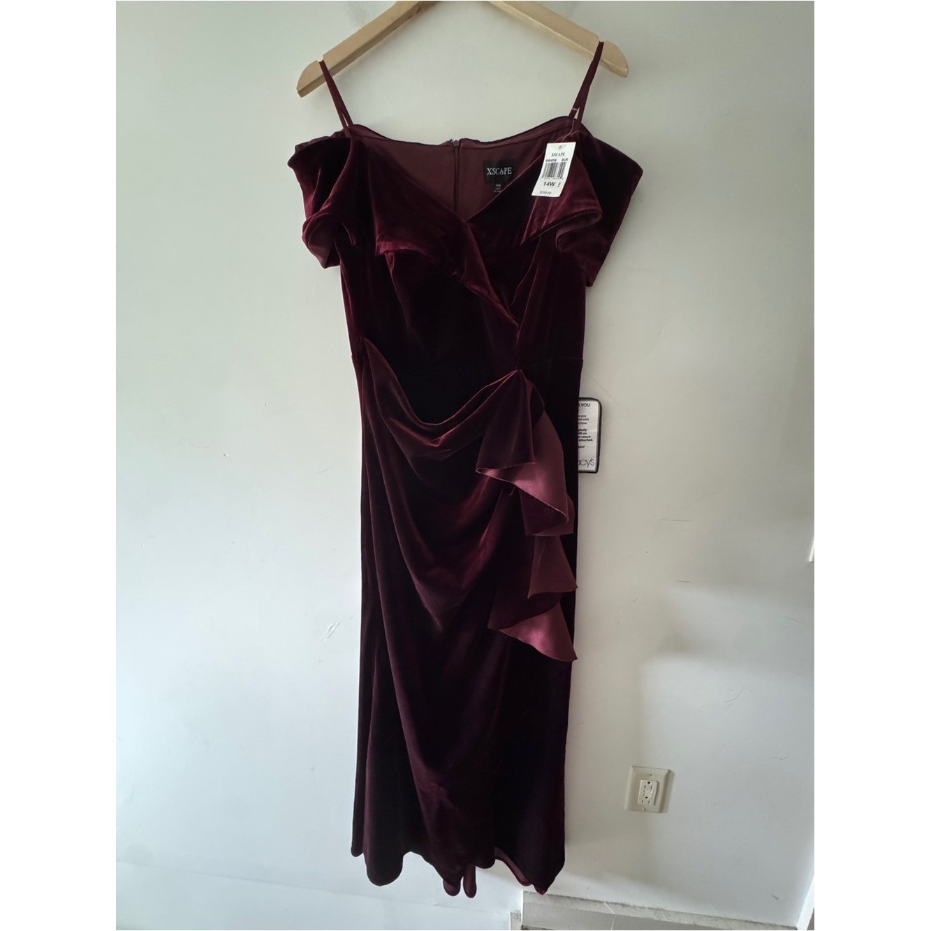 Xscape NEW Ruched Ruffle Off the Shoulder Velvet Cocktail Dress Burgundy