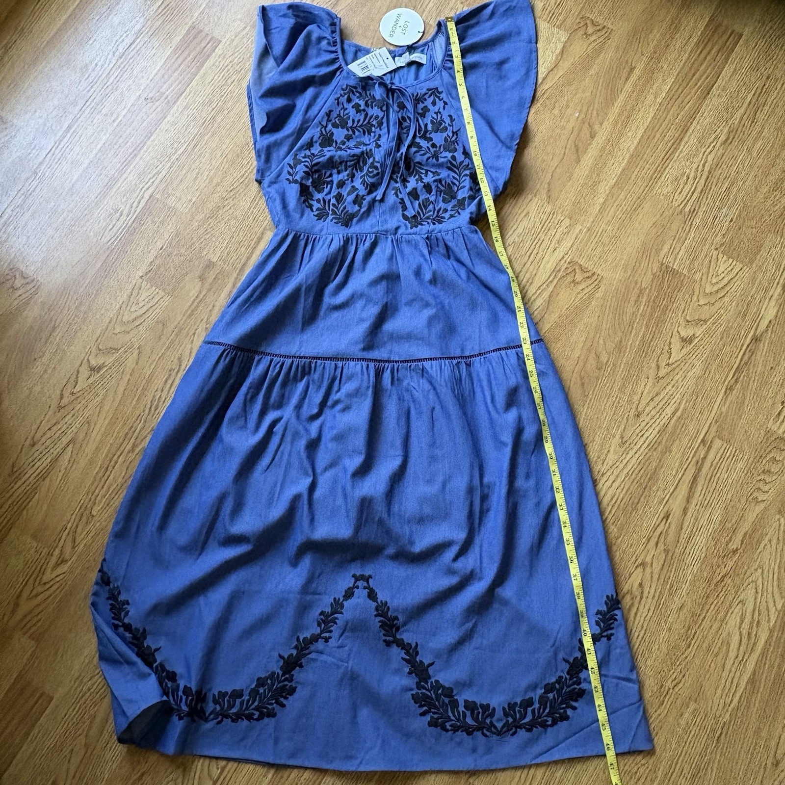 Lost + Wander Blue Embroidered Flutter Sleeve Floral Midi Dress Boho Sz XS NEW