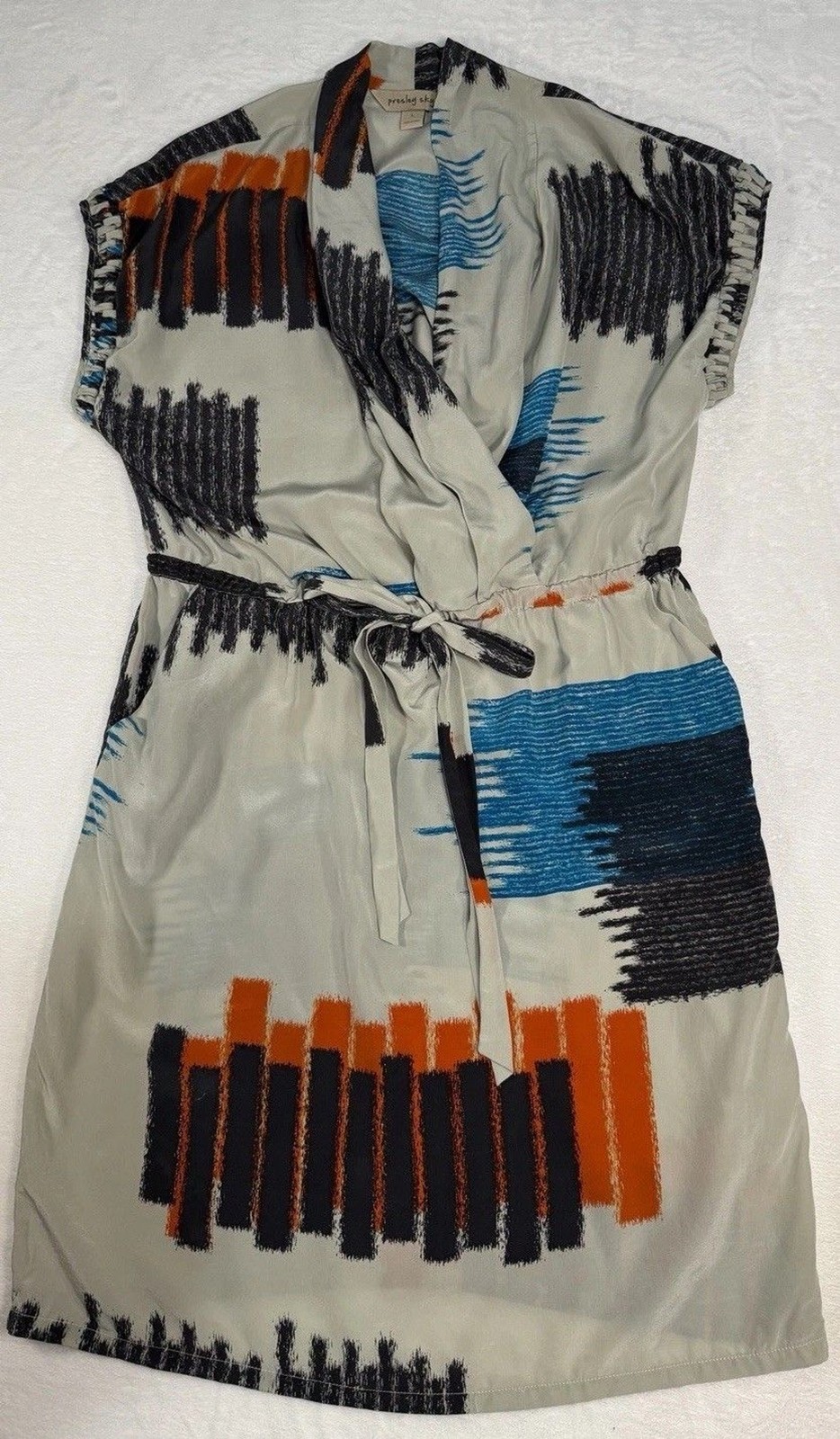 Presley Skye 100% Silk Abstract Print Faux Wrap Dress – Multicolor – Large