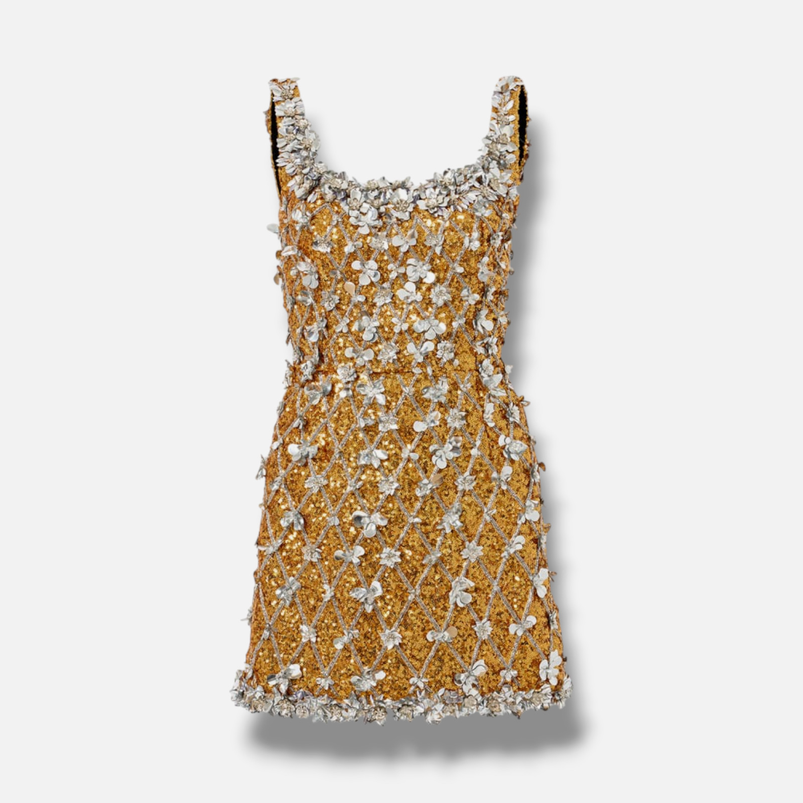 Carolina Herrera Women Gold Sequin Flower Embellished Thin Strap Mini Dress Sz 2
