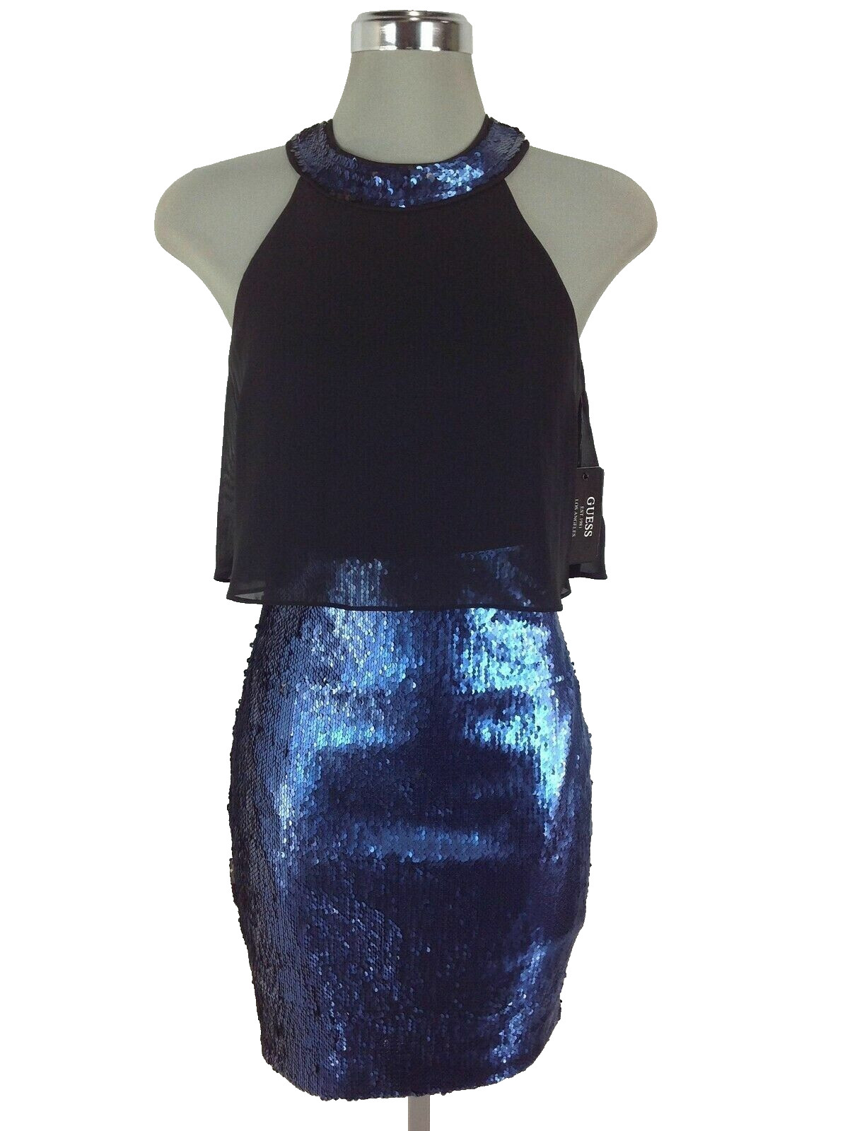 GUESS Exquisite BLACK/COBALT BLUE Sequin Halter Cocktail Dress size 0 NEW!!!!!