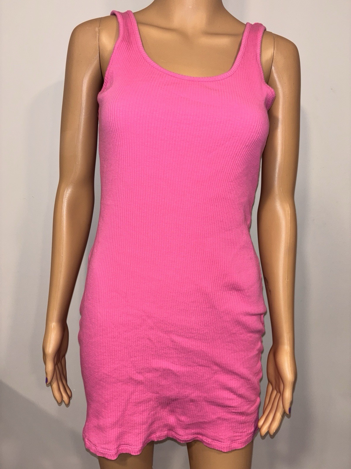 Ambiance Apparel Hot Pink Ribbed Tank Dress Mini Bodycon Scoop Neck Stretch Sz M