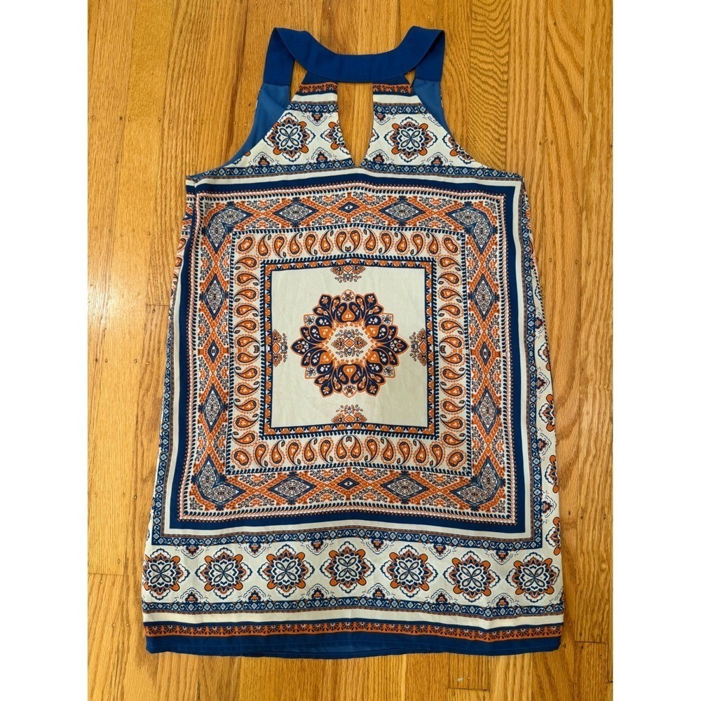 Monteau Sleeveless Dress – Blue, Orange, White Patterned Tank Top