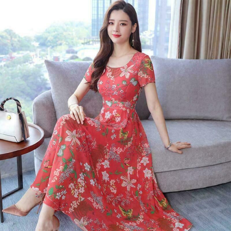 L-3XL Dresses Long Size Plus Print Floral Women Slim O-neck Sleeve Short Dress