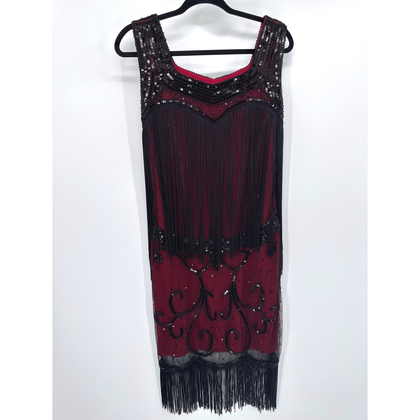 Flapper Sequin Great Gatsby 1920’s Style Fringe Dress Large Red Black Sequin