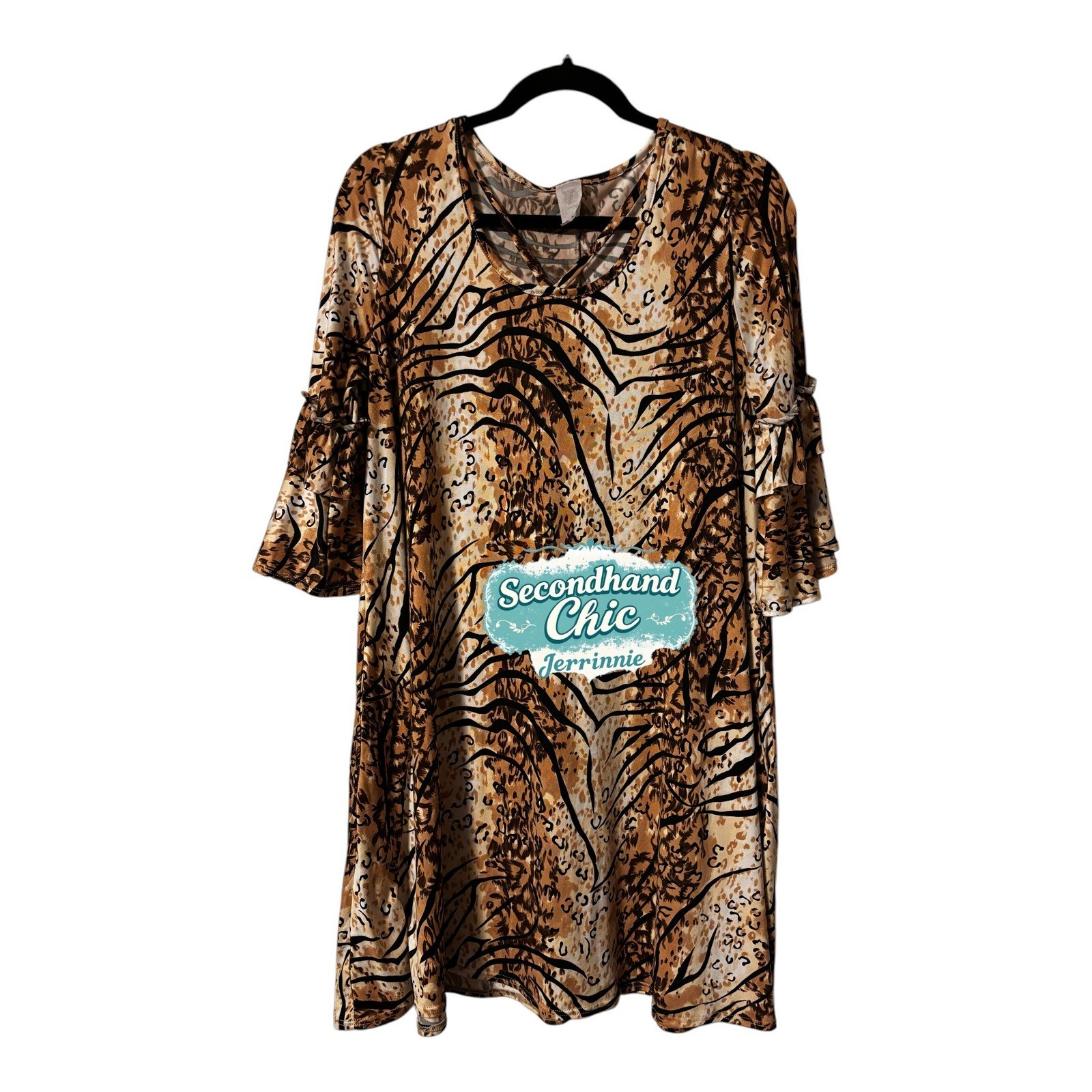 Animal Print Ruffle Bell Sleeve V-Neck Tunic Dress with Pockets Brown Tan Large