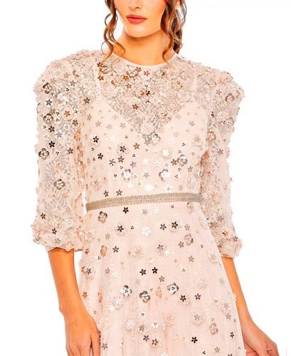 Mac Duggal Blush Pink Peach 3d Floral Applique Puff Sleeve Gown Size 14 $698