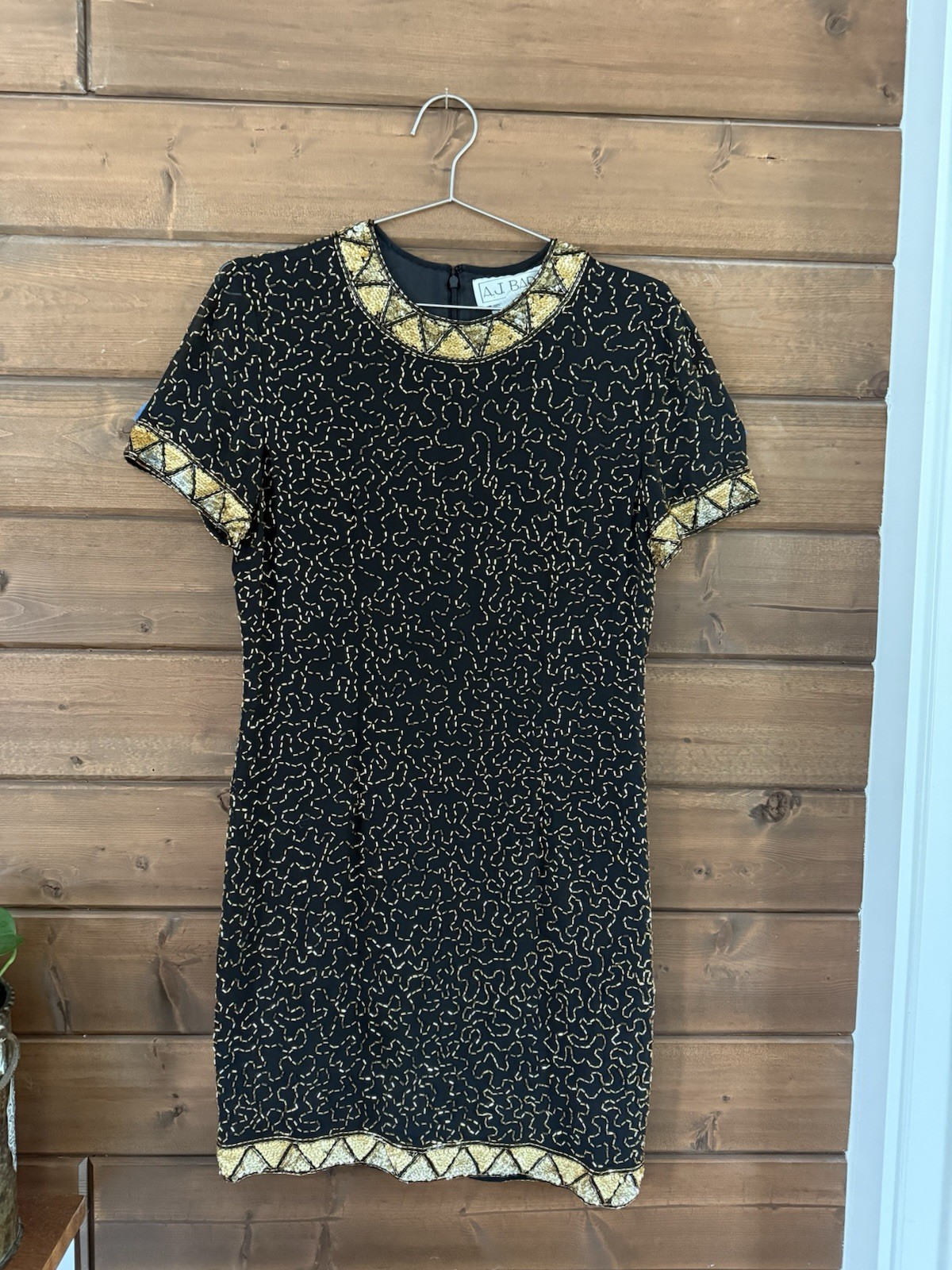 AJ Bari Mini Dress Size 12 Sequin 100% SILK Black and Gold Beaded Vintage