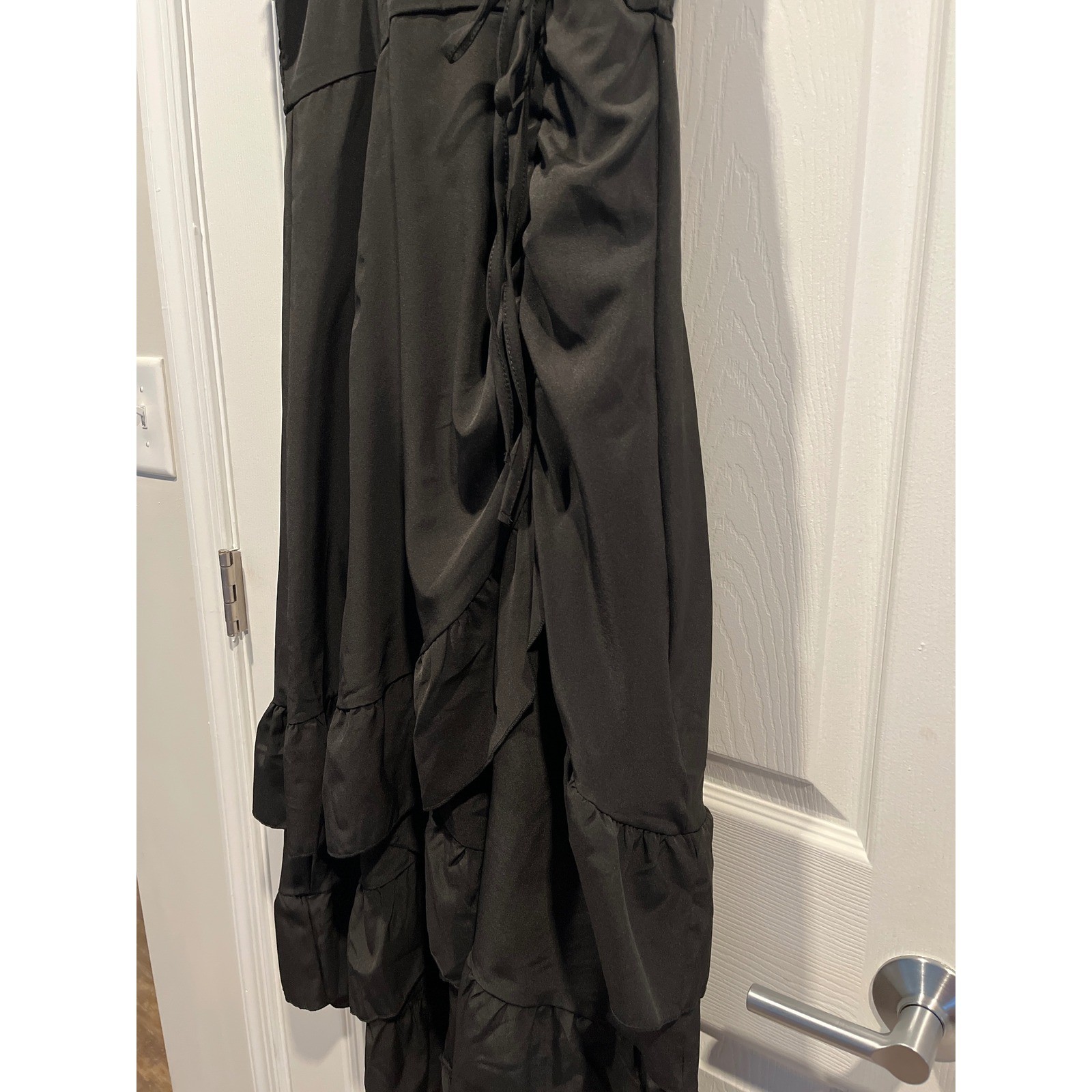 Black Ruffle Tiered Midi Dress Smocked Back High Low Asymmetrical Hem Sleeveless