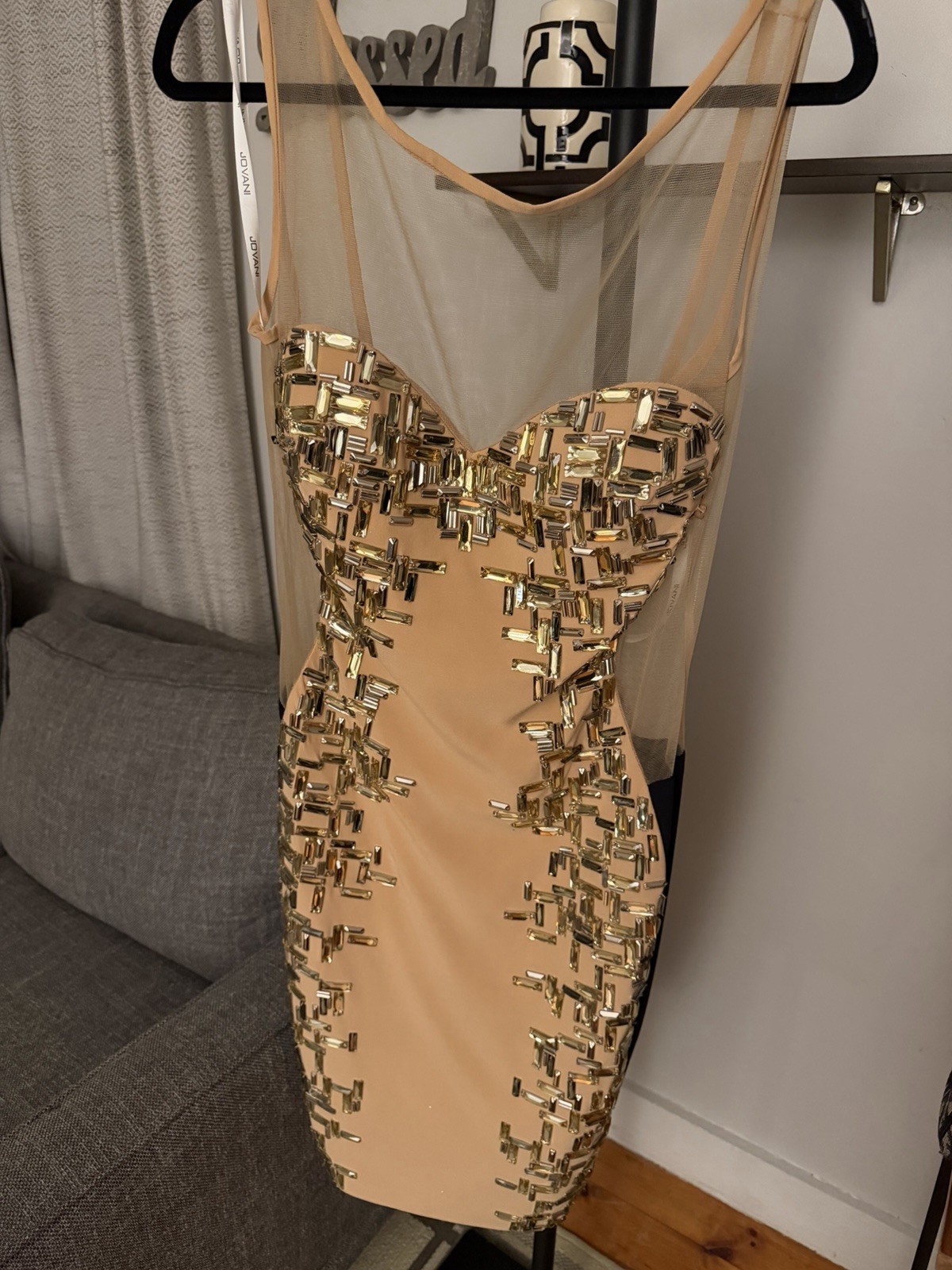 Jovani Beige/Gold Beaded Mesh Sweetheart Bodycon Knee Dress Size 12