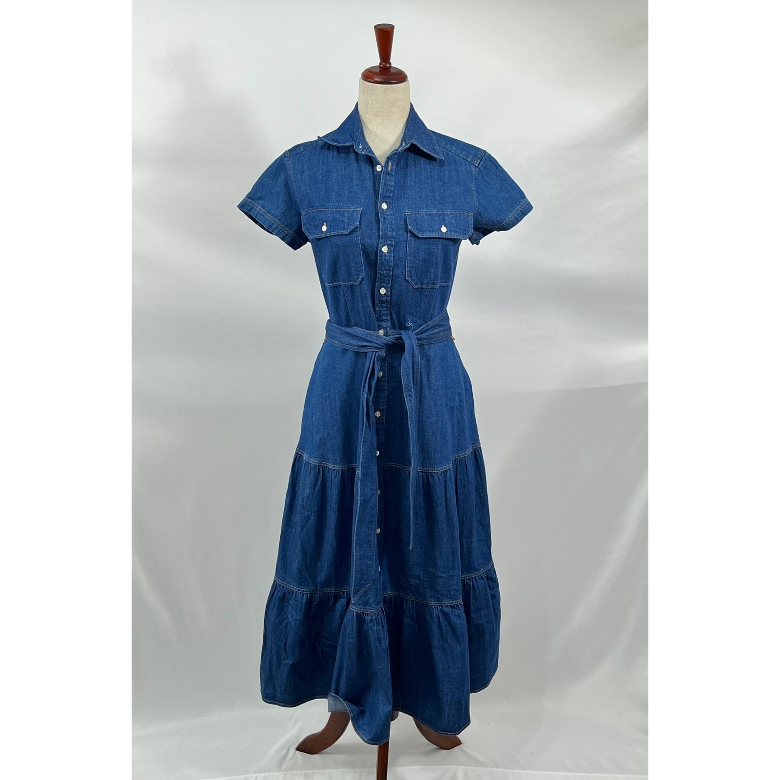 POLO RALPH LAUREN Sz 2 Denim Jean Belted Tiered Short Sleeve Shirt Dress NWT