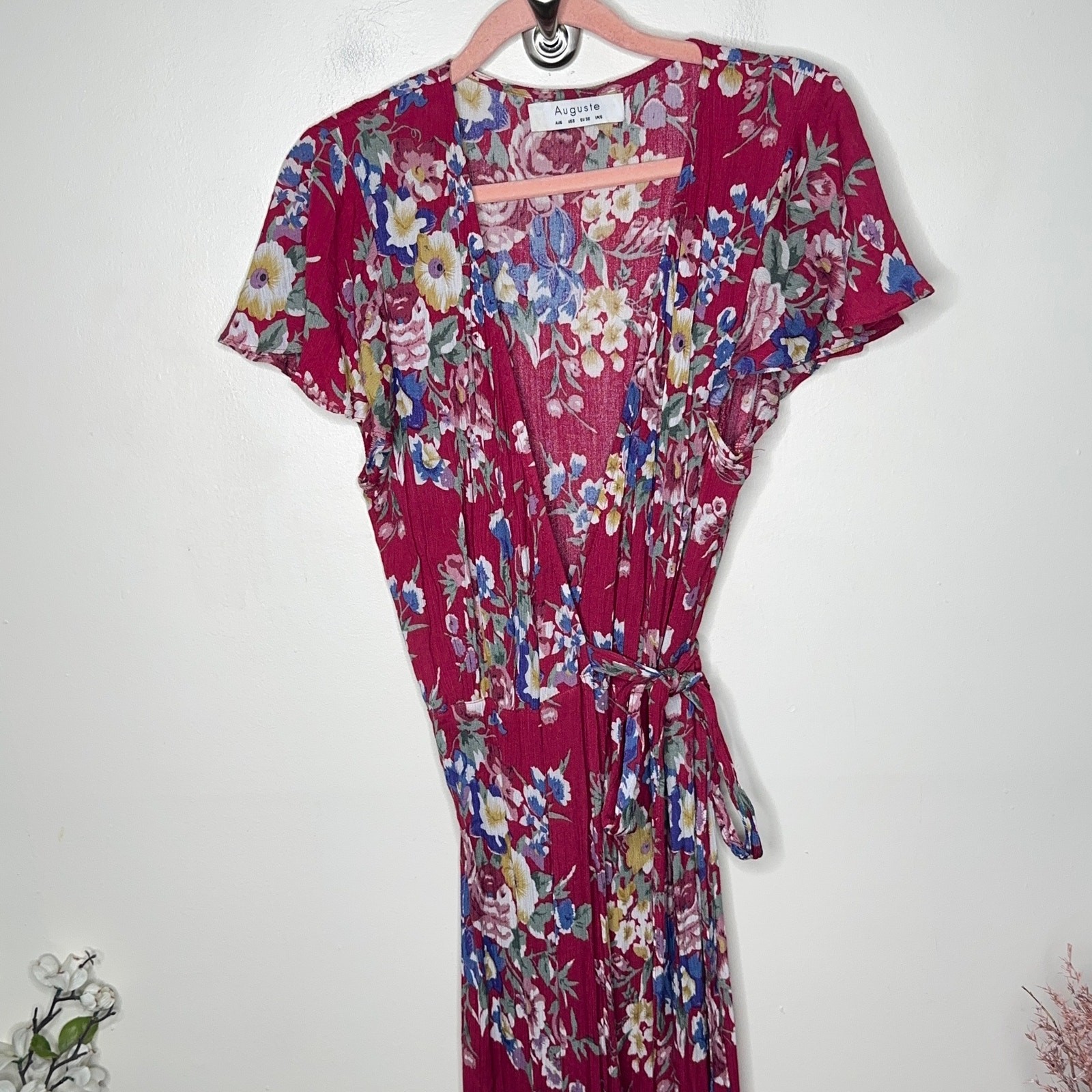 AUGUSTE THE LABEL Beach House Frill Floral Maxi Wrap Dress Red Berry {F40}