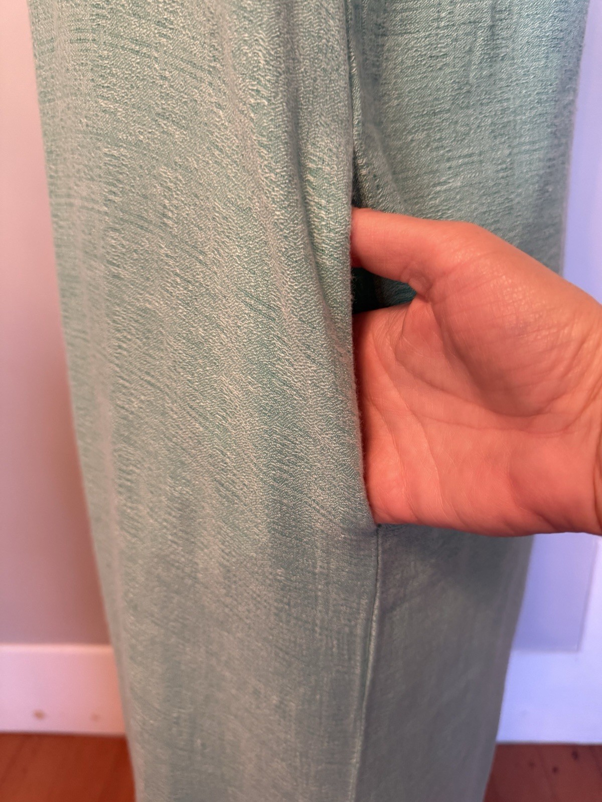 Never A Wallflower Square Neck Aqua Blue Maxi Muumuu Dress Pockets Side Slits S