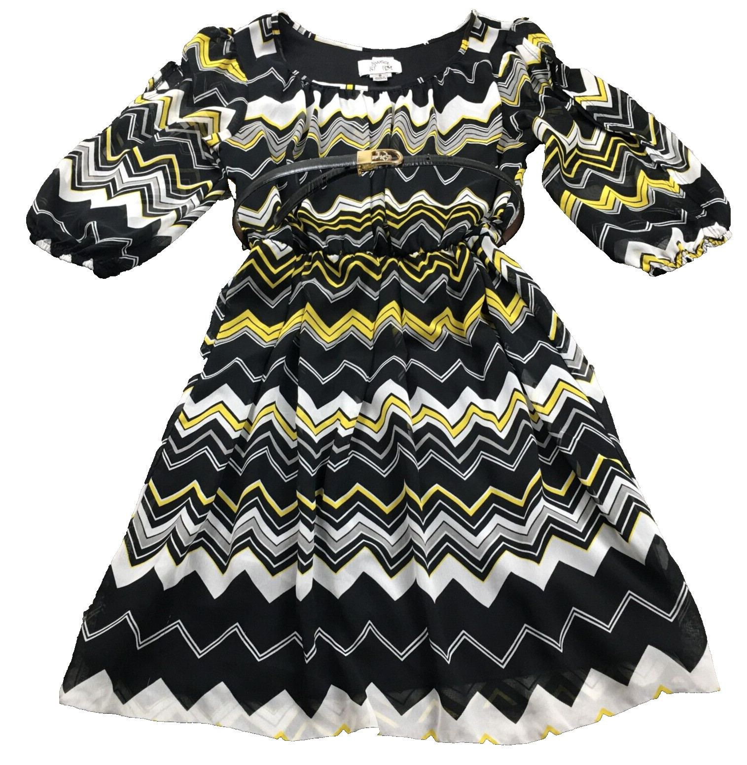 Sweet Storm Womens Dress Sz S Black Zig Zag Print Belted Waist Blouson Sleeves