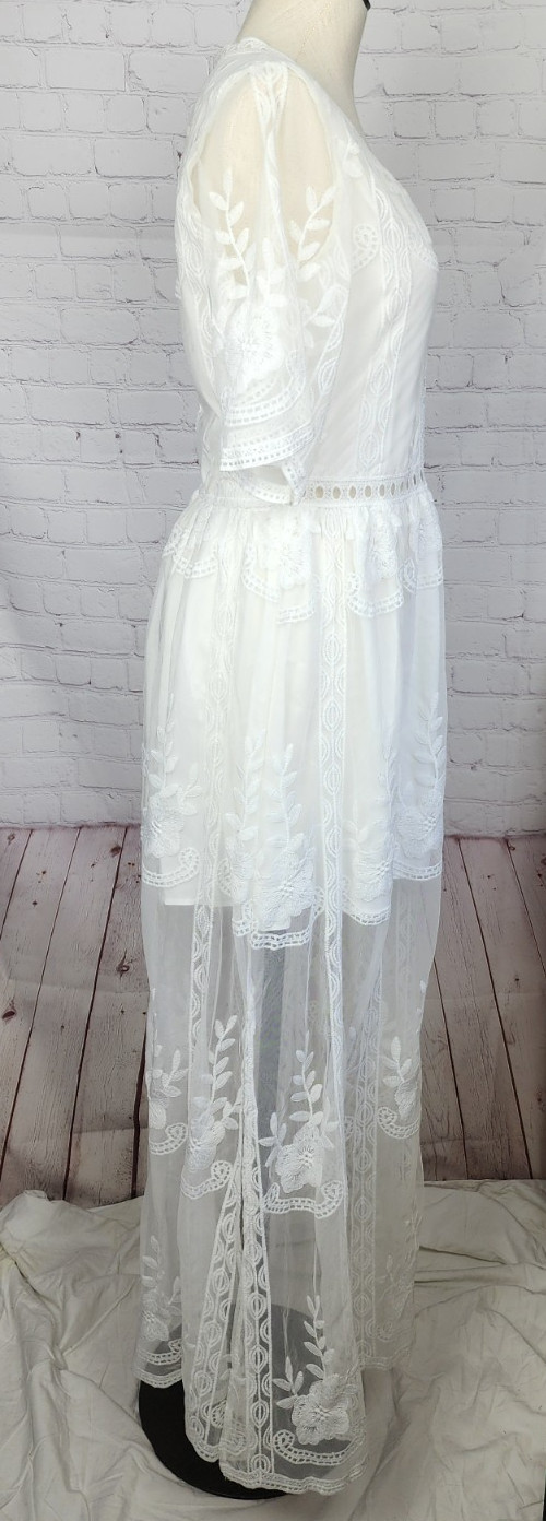 Boho Dress Romantic Sheer Lace Lined Side Slits Wedding Hippie Coquette Size S