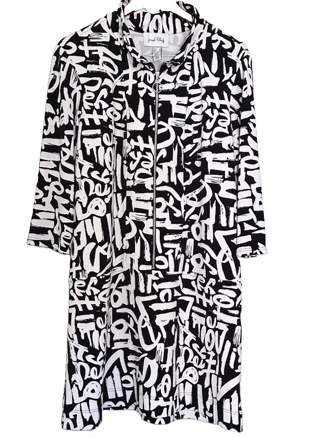 Joseph Ribkoff Black White Abstract Print Zip Front Tunic Dress 3/4 Sleeve Sz 14