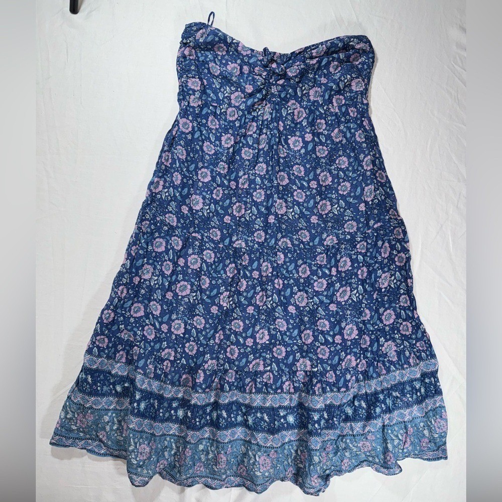 J.Crew Vintage Womens Midi Dress Boho Blue Floral Print Strapless Size M Cotton