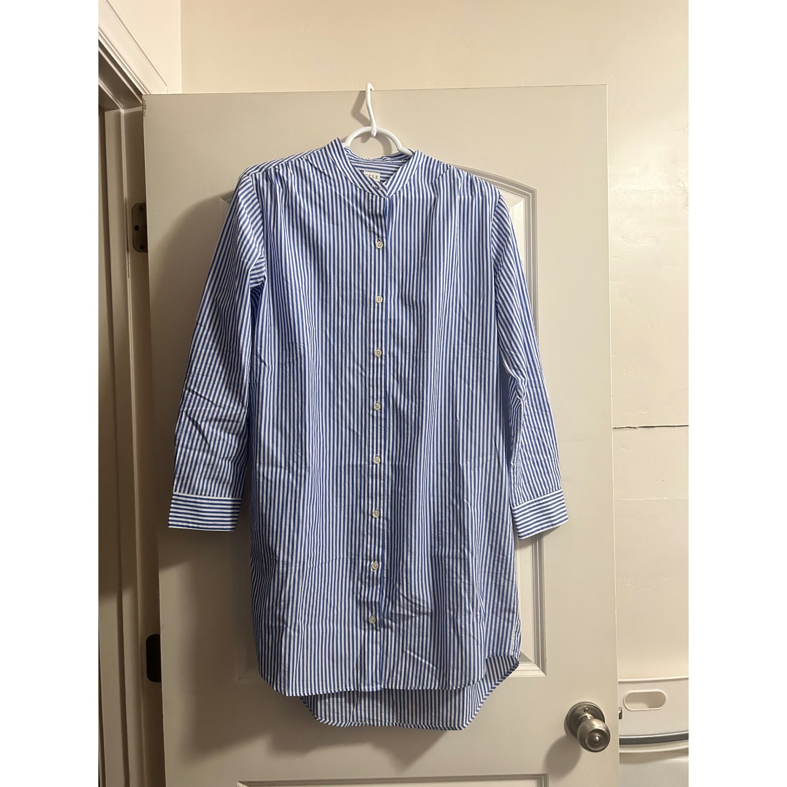 KULE Womens Blue White Striped Band Collar Button Down Tunic Shirt dress Medium