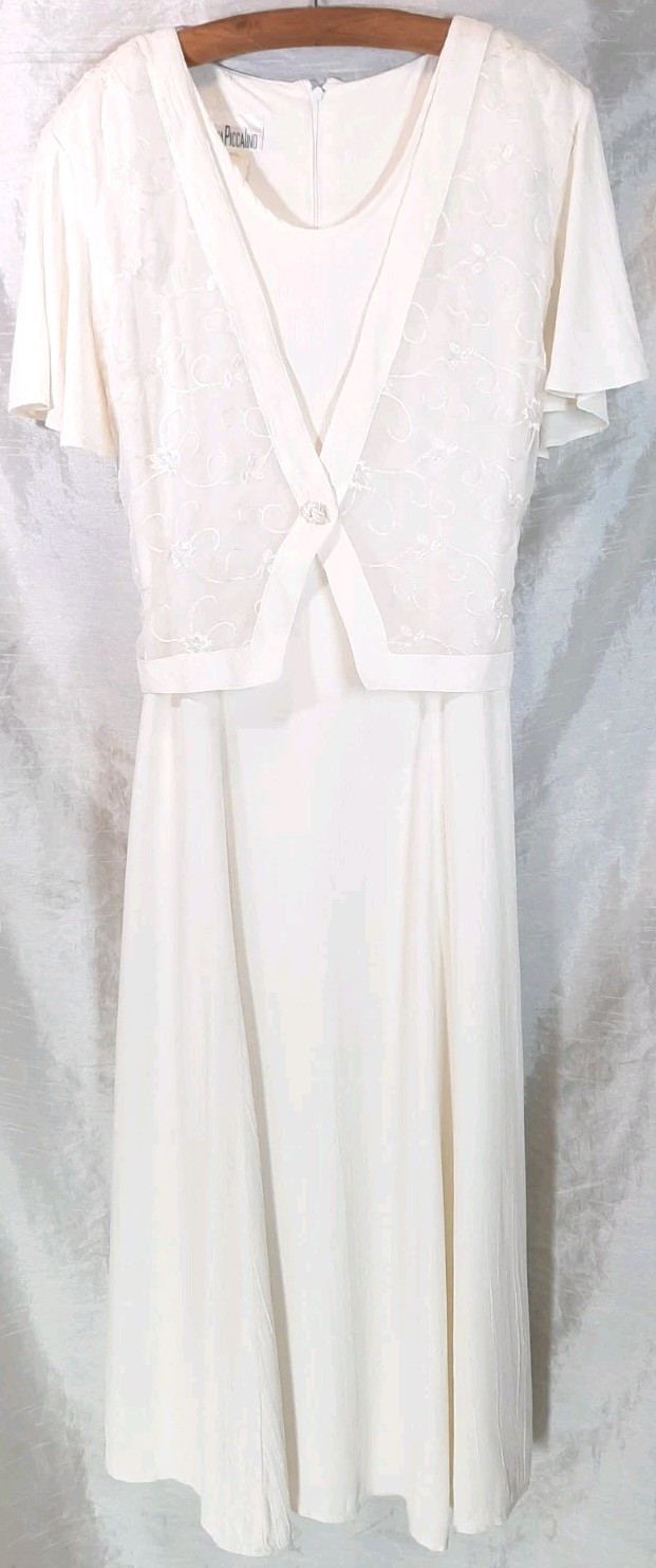 VTG NINA PICCALINO Sz6 Crepe Maxi Blouson Jacket Dress Embroidered Floral Cream