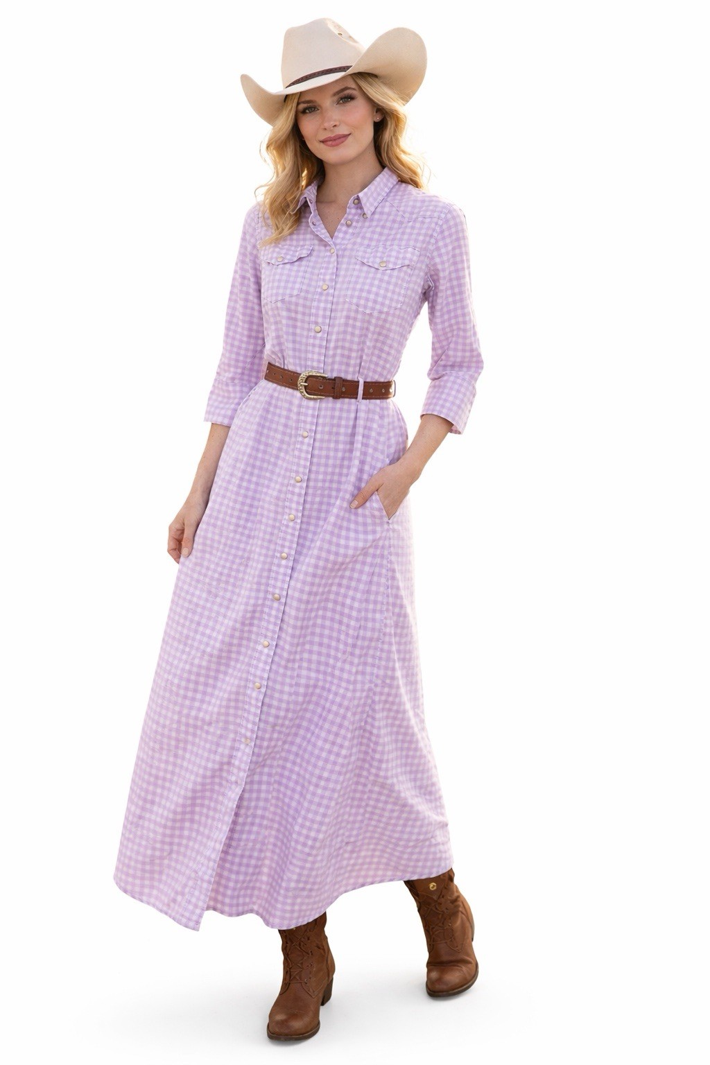 NWT Denimist Cowboy Maxi Dress Gingham Lilac Womens Size XS Western Pearl Snap