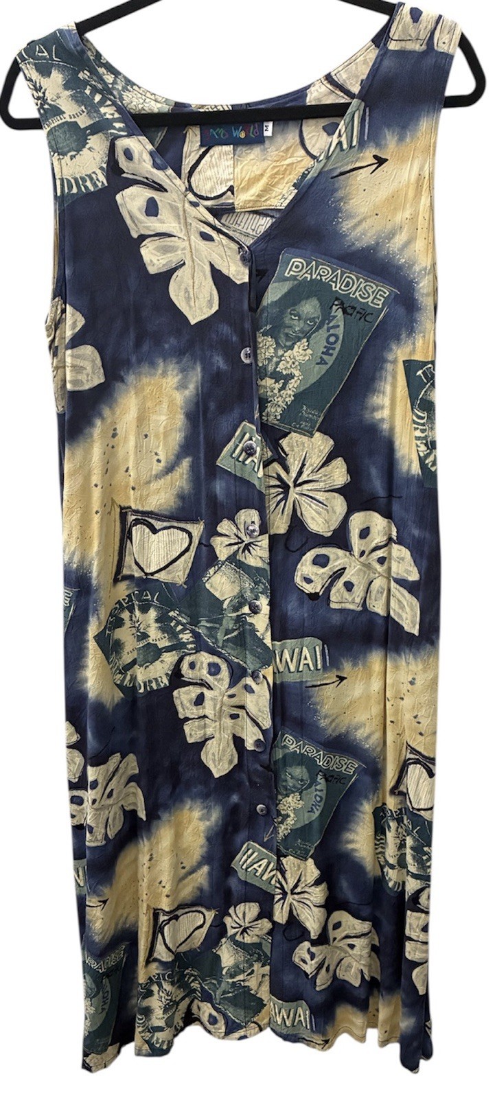 Jams World M Rayon Blue Hawaiian Hospitality Button Tank Dress Pockets Aloha Vtg