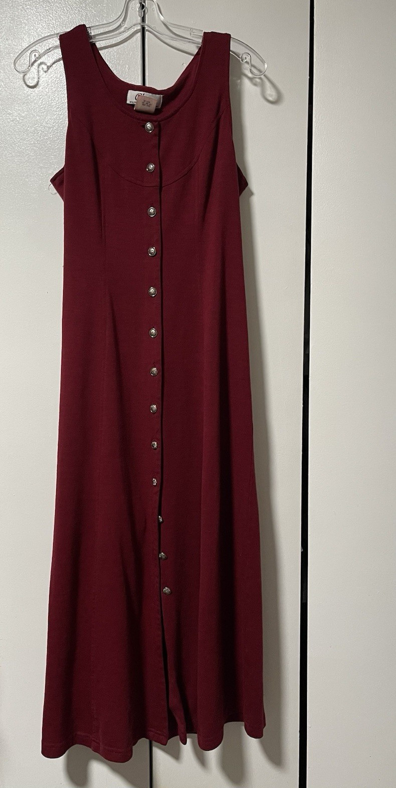 Vintage Clues Maroon Rayon Scoop Neck Sleeveless Button Front Maxi Dress Sz 8