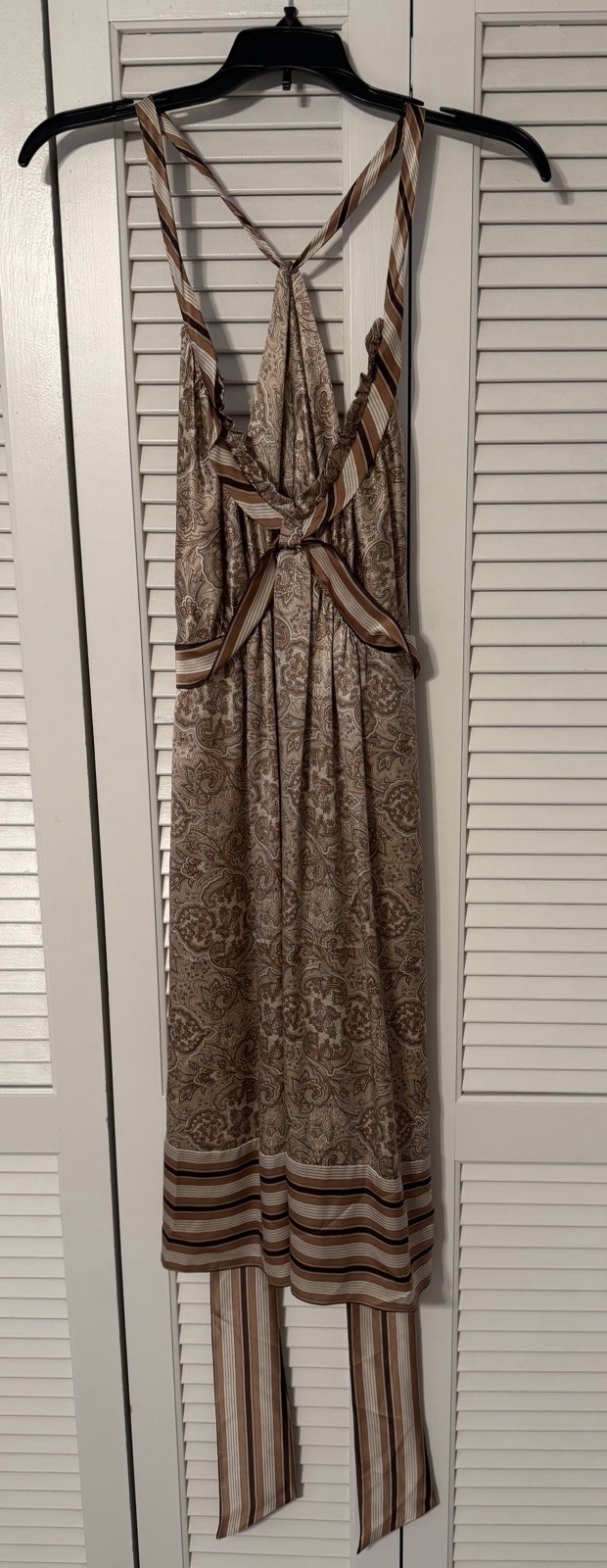 BCBG Maxazria Beautiful 100% Silk Brown Cream Paisley Stripe Tie Dress Medium M
