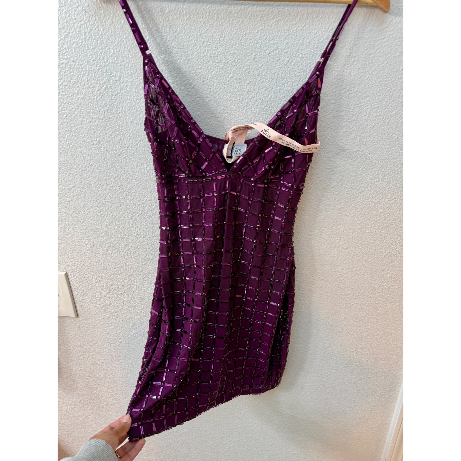 Oh Polly Deep Purple Beaded Mesh Mini Dress V-Neck Bodycon Party US 2