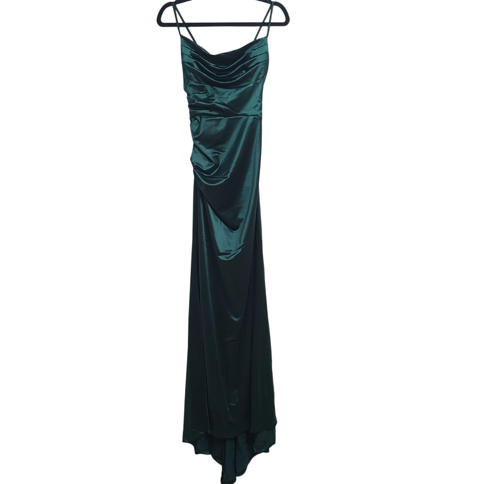 NEW B Darlin Green Satin Ruched Maxi Dress Spaghetti Straps Lace-Up Back Sz 5/6