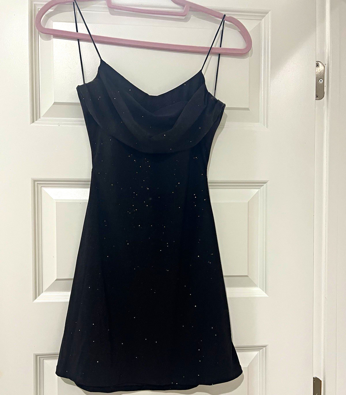 Women’s Black Spaghetti Strap Cowl Neck Mini Dress Rhinestone Glitter S Zip