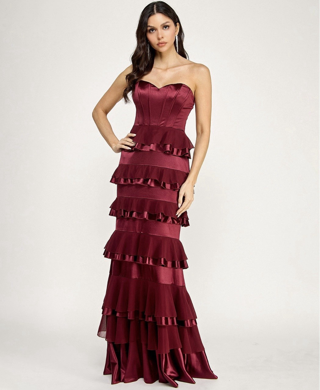 City Studio Womens XS Red Strapless Sweetheart Satin Corset Tiered Gown