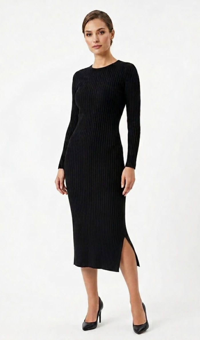 IBELL Womens Ribbed Knit Bodycon Dress Long Sleeve Black Midi 41 Inch Fitted S M