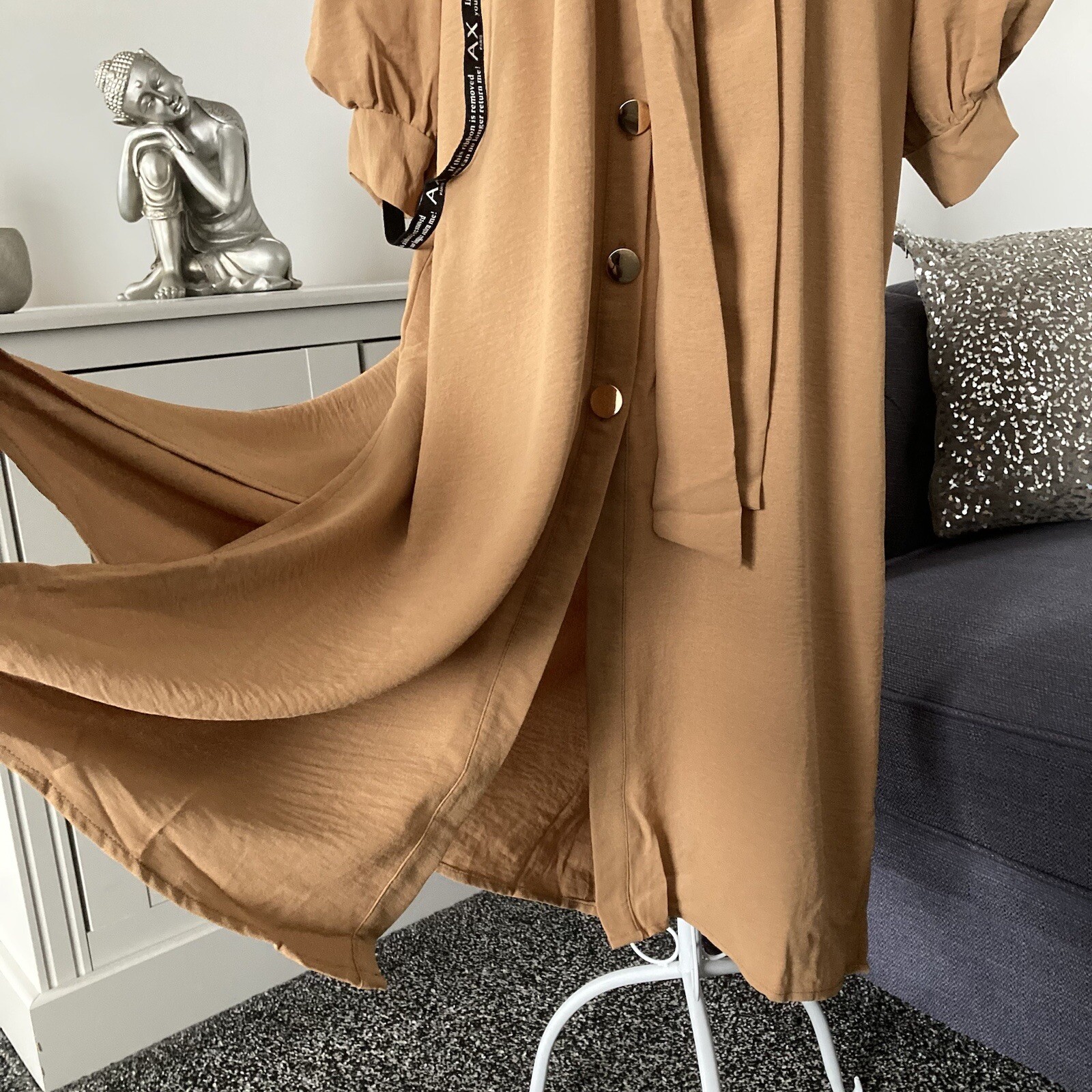 Camel Collared Long Sleeve Front Button Fastening Waist Tie Midi Shirt Dress 8